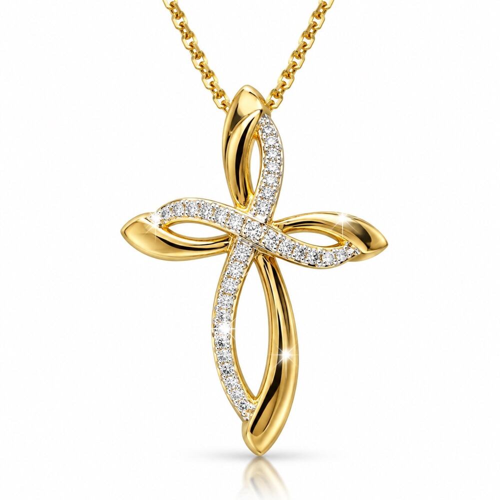 NWT Natural Diamond Cross Necklace 0.06 CTW Sterling Silver Two Tone Gold Finish